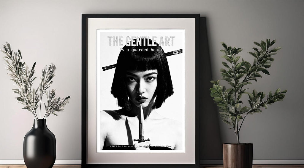 Framed poster of a woman with text on a wall between two vases with plants.