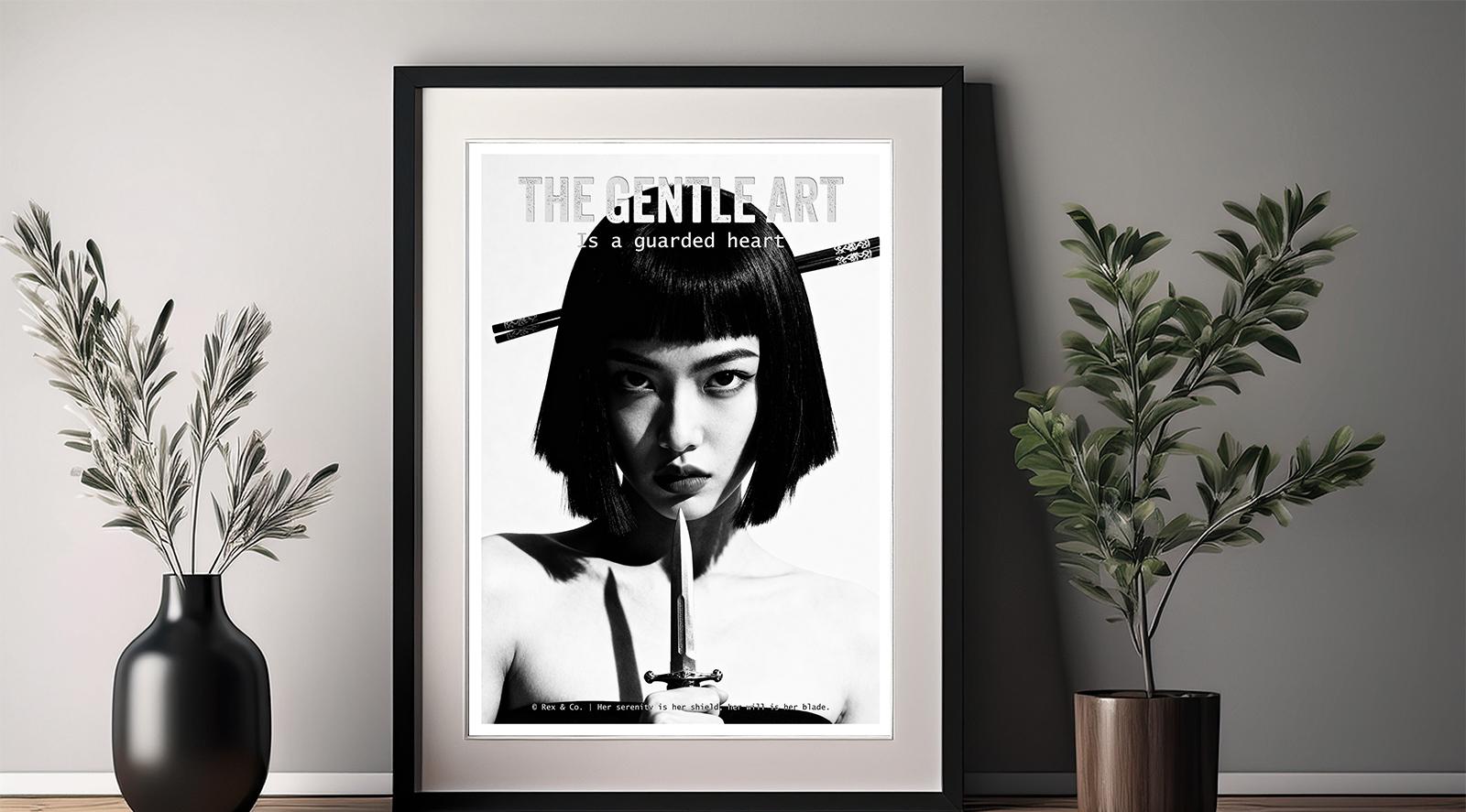 Framed poster of a woman with text on a wall between two vases with plants.