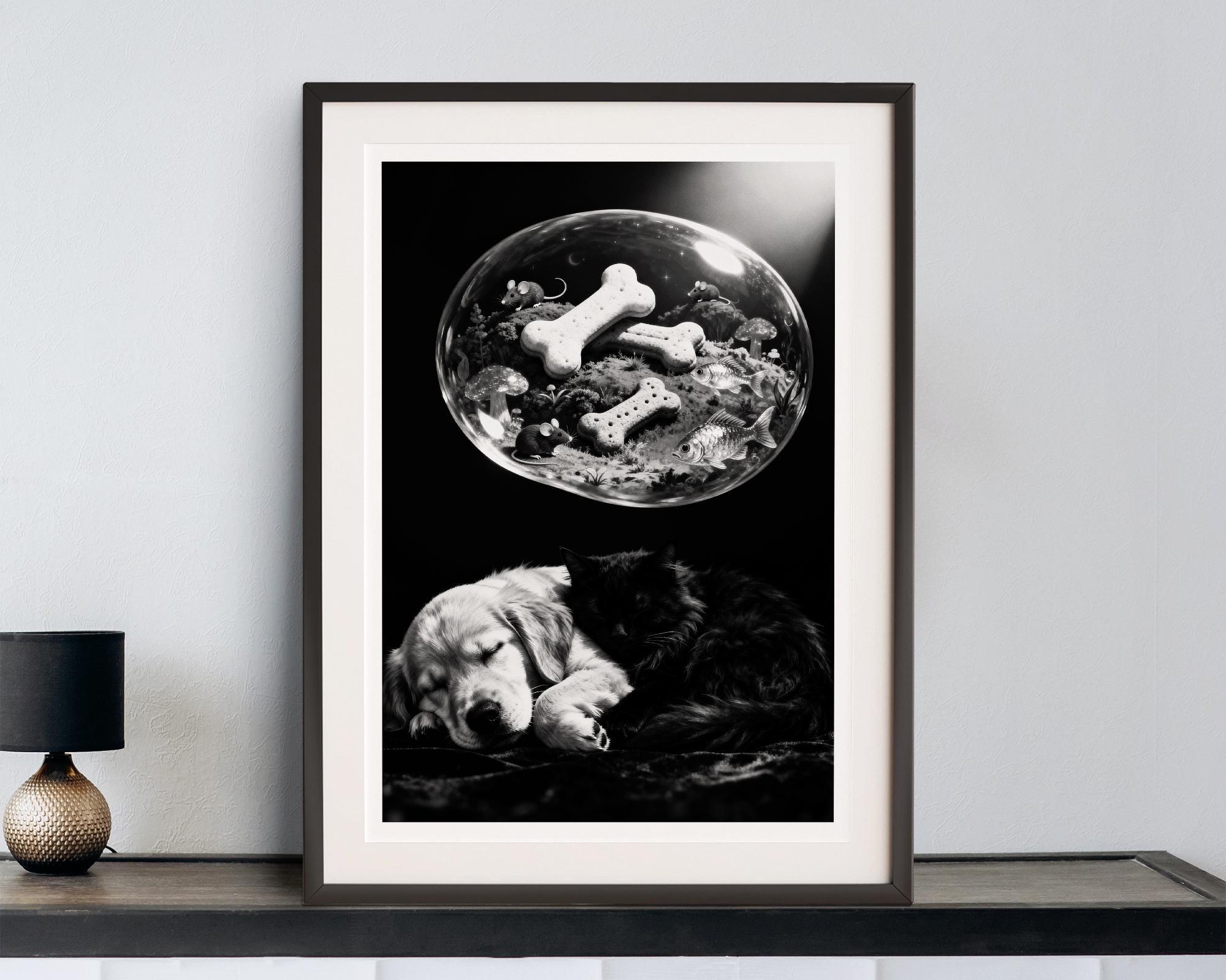 Sleeping Cat and Dog Art Print | Black and White Pet Lover Gift