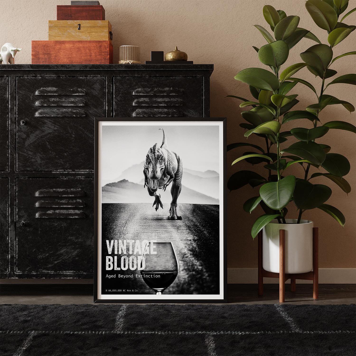 T. Rex Wine Tasting Poster | Vintage Blood Dino Art | Prehistoric Luxury Print | Noir Bar Decor