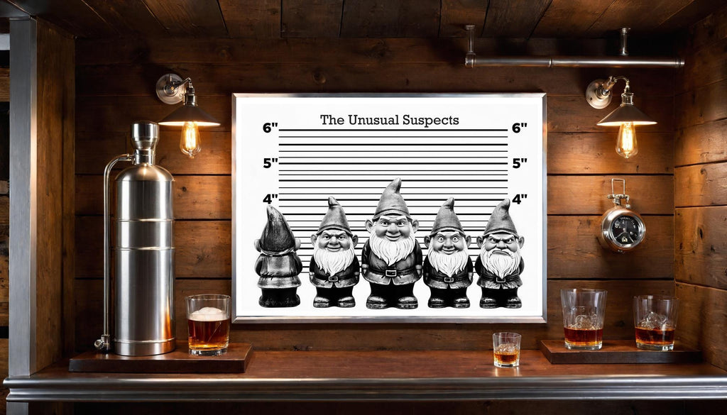 Decorative sign with gnomes on a wooden bar with drinks and decor.