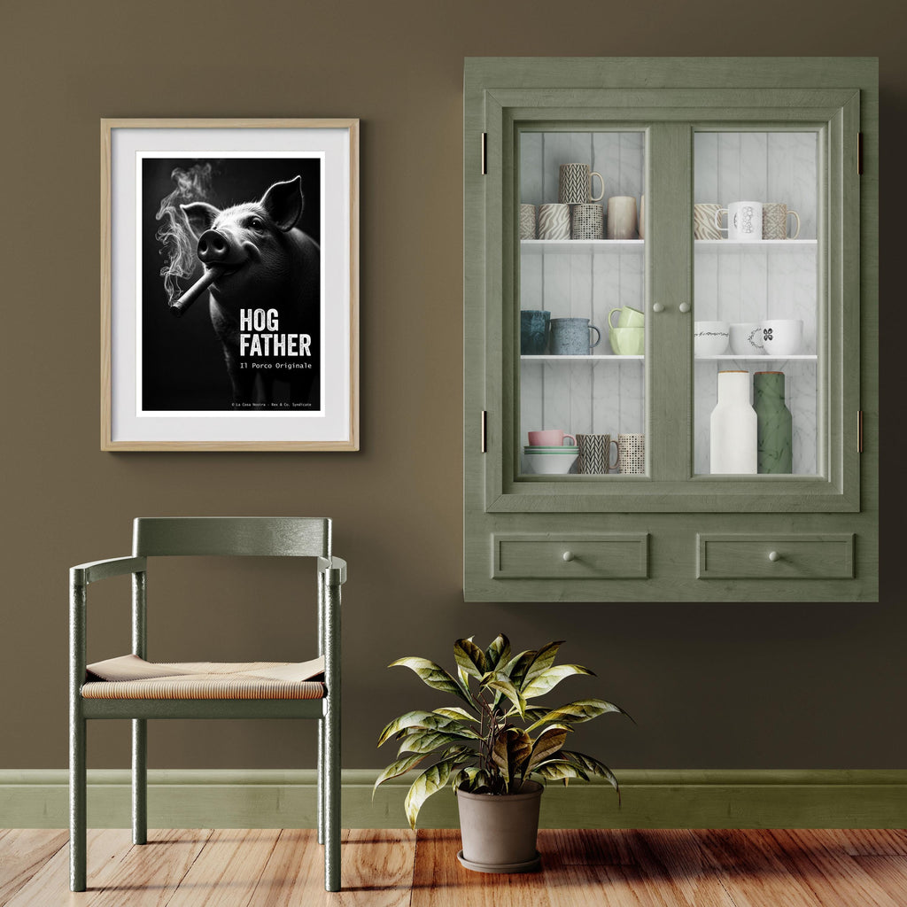 Room interior with a framed poster, chair, plant, and cabinet.