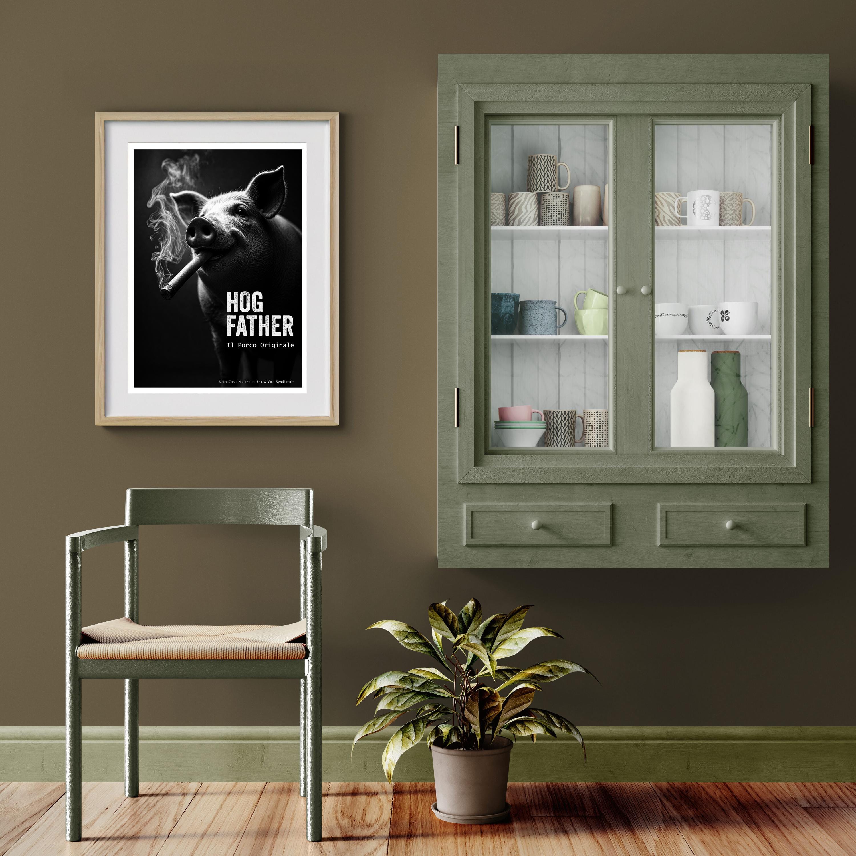Room interior with a framed poster, chair, plant, and cabinet.