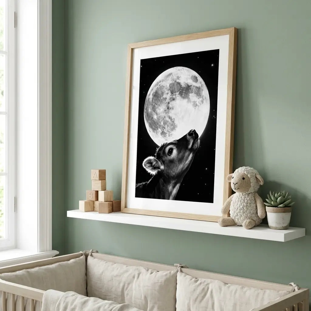Nursery Wall Art | Baby Calf and Moon Print | Calming Animal Poster | Whimsical Farm Decor