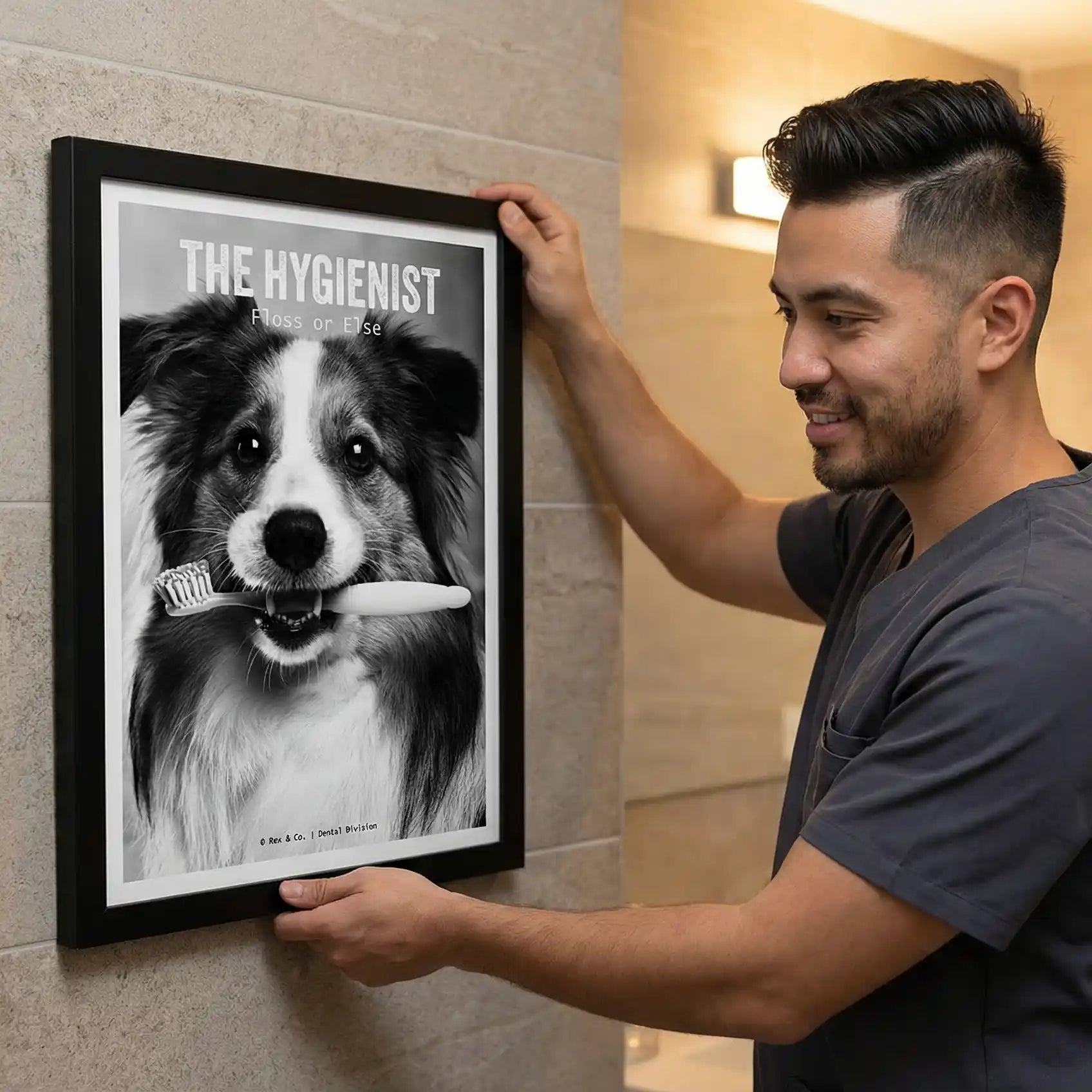 Funny Dog 'The Hygienist' Print | Noir Animal Art, Dentist Gift