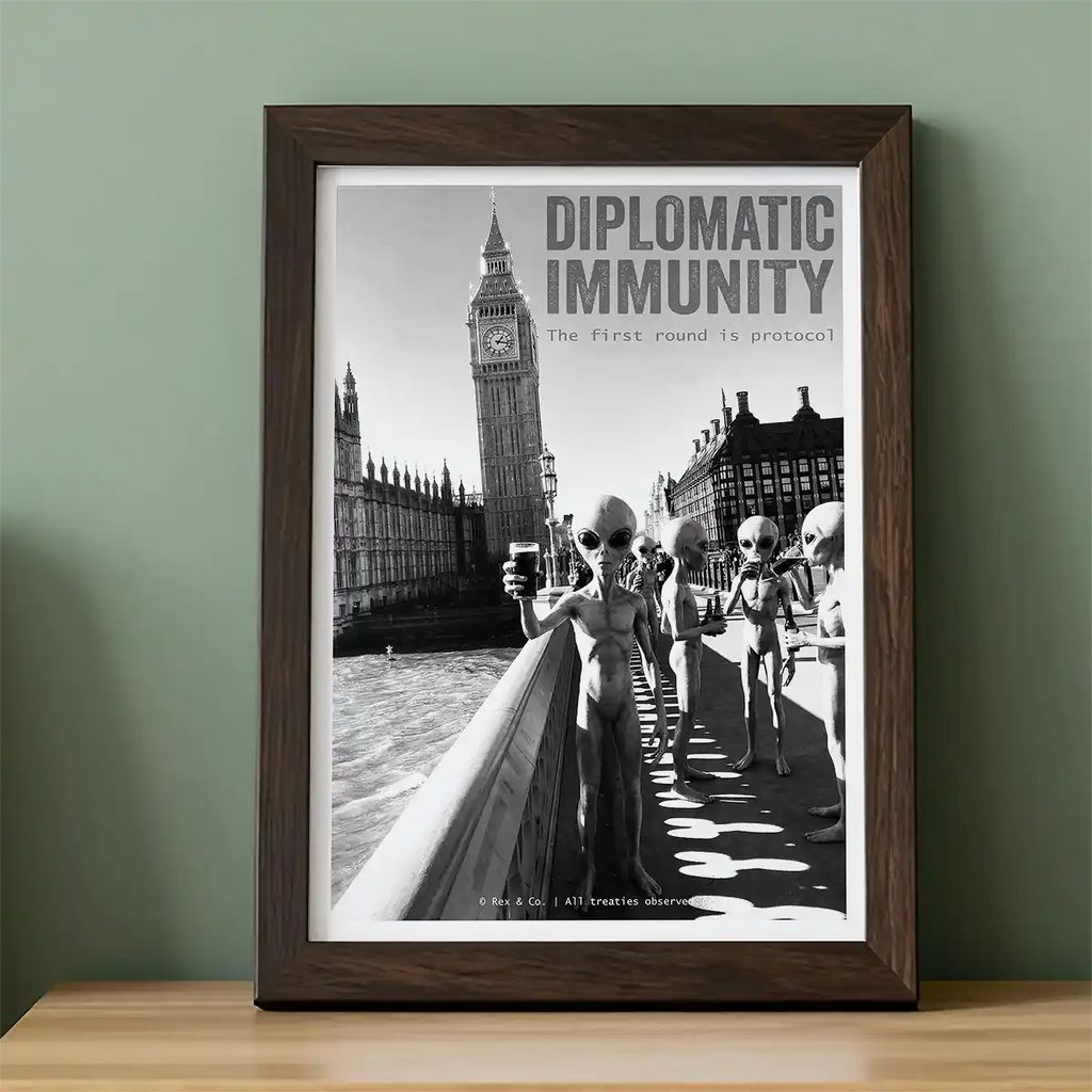 Grey Aliens Drinking Beer in London Poster | Black and White Print