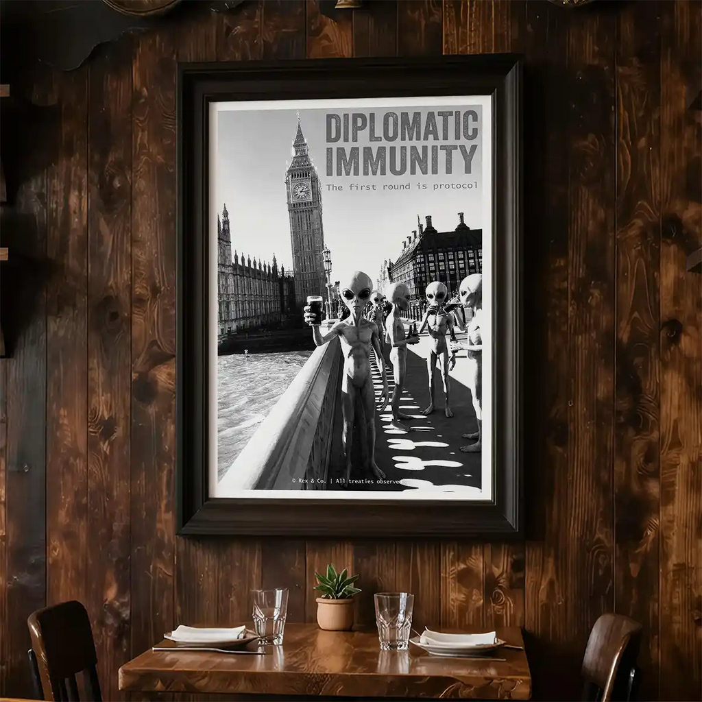 Grey Aliens Drinking Beer in London Poster | Black and White Print