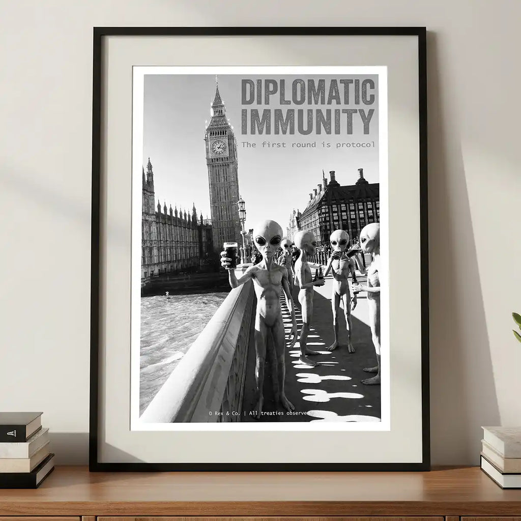Grey Aliens Drinking Beer in London Poster | Black and White Print