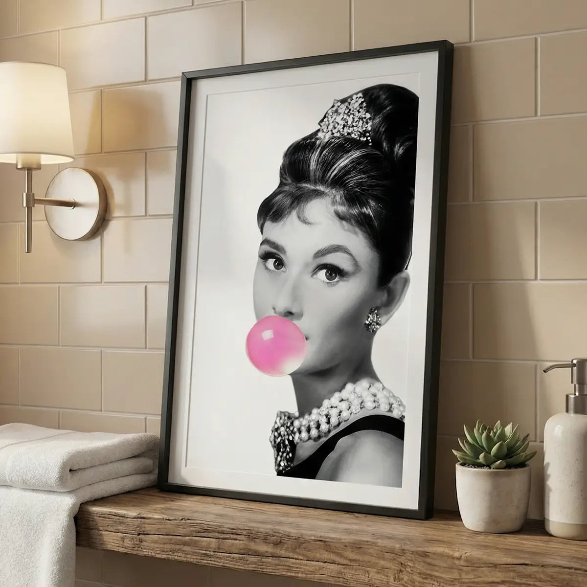 Audrey Hepburn Bubblegum Print | Vintage Glamour Bathroom Art | Pop Art Portrait