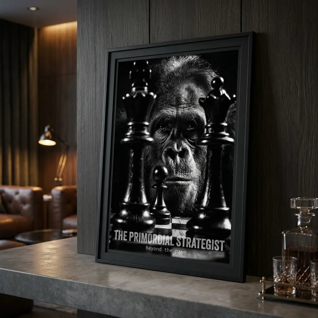 Primal Strategist Art Print | Primate Chess Poster | Intense Focus Wall Art | Home Office Decor