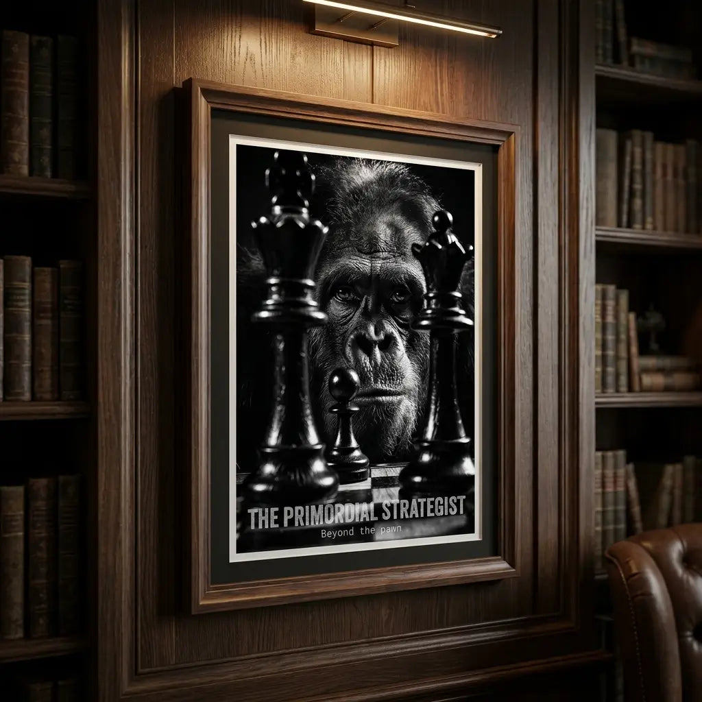 Primal Strategist Art Print | Primate Chess Poster | Intense Focus Wall Art | Home Office Decor