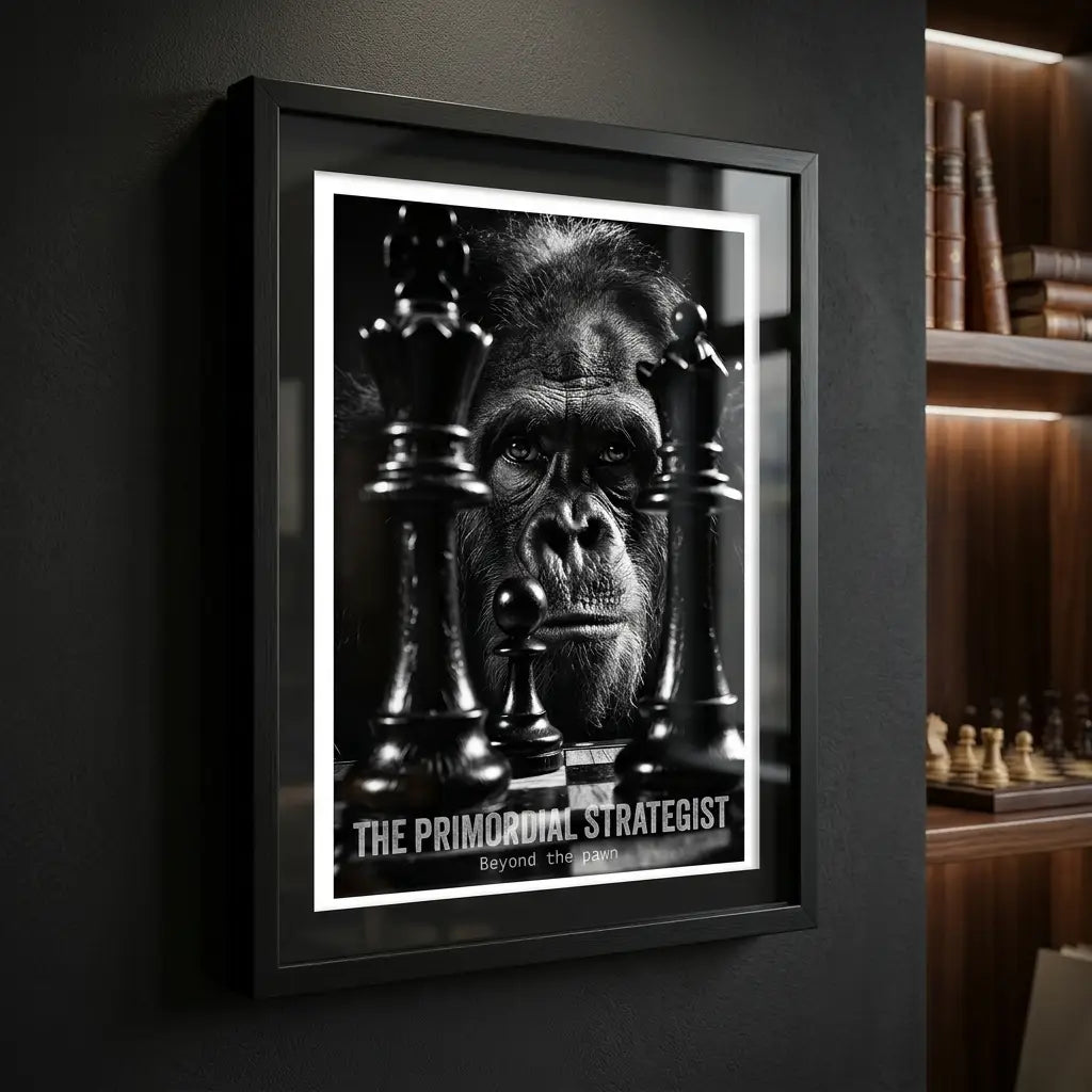 Primal Strategist Art Print | Primate Chess Poster | Intense Focus Wall Art | Home Office Decor