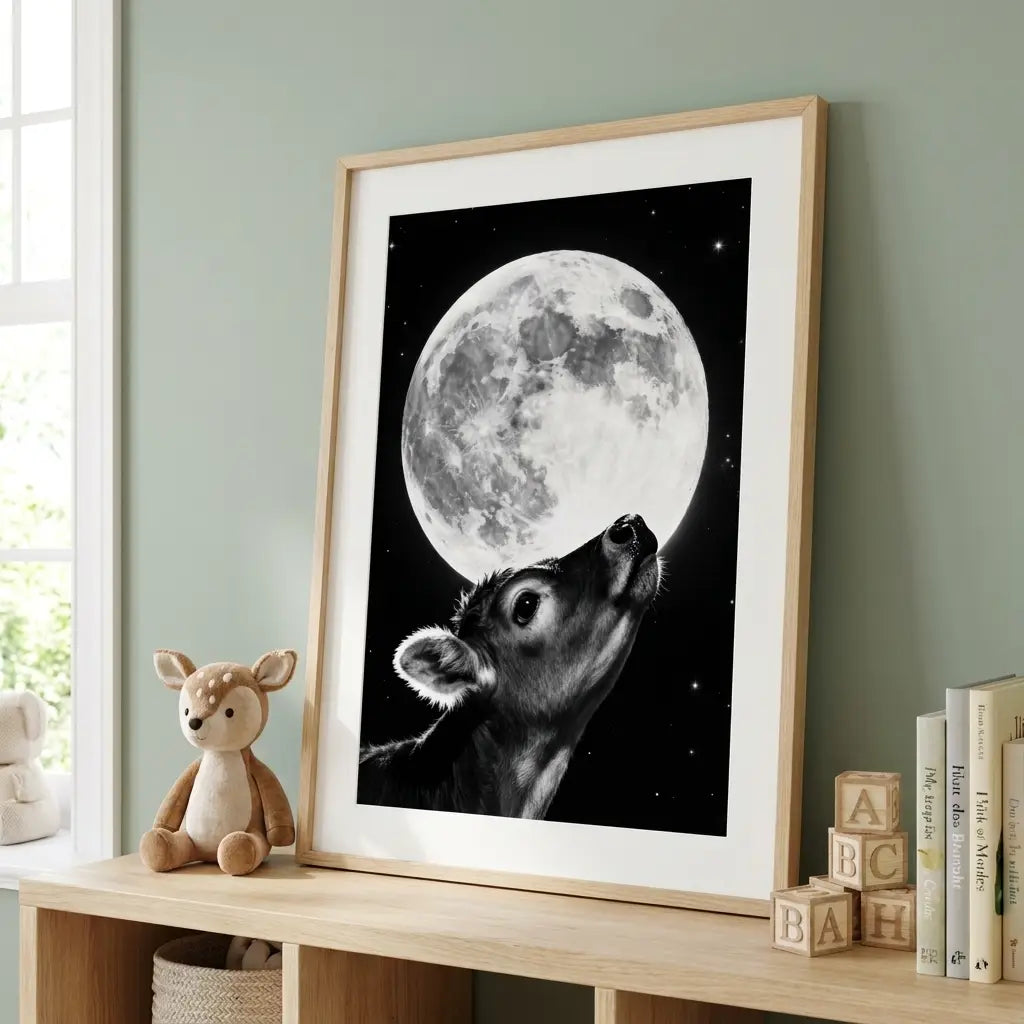 Nursery Wall Art | Baby Calf and Moon Print | Calming Animal Poster | Whimsical Farm Decor