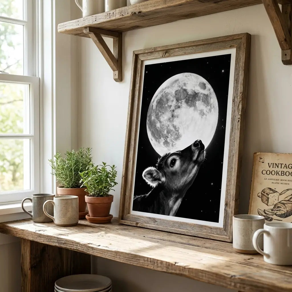 Nursery Wall Art | Baby Calf and Moon Print | Calming Animal Poster | Whimsical Farm Decor