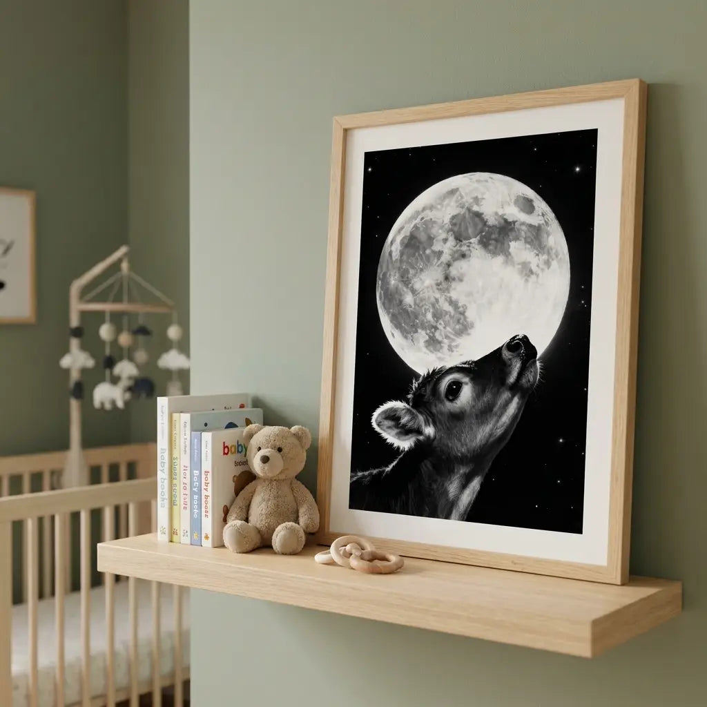 Nursery Wall Art | Baby Calf and Moon Print | Calming Animal Poster | Whimsical Farm Decor