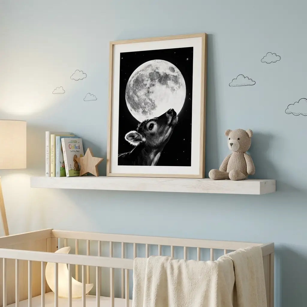 Nursery Wall Art | Baby Calf and Moon Print | Calming Animal Poster | Whimsical Farm Decor