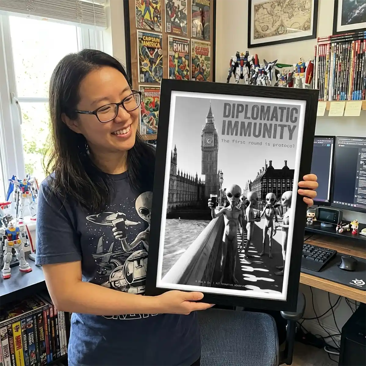 Grey Aliens Drinking Beer in London Poster | Black and White Print