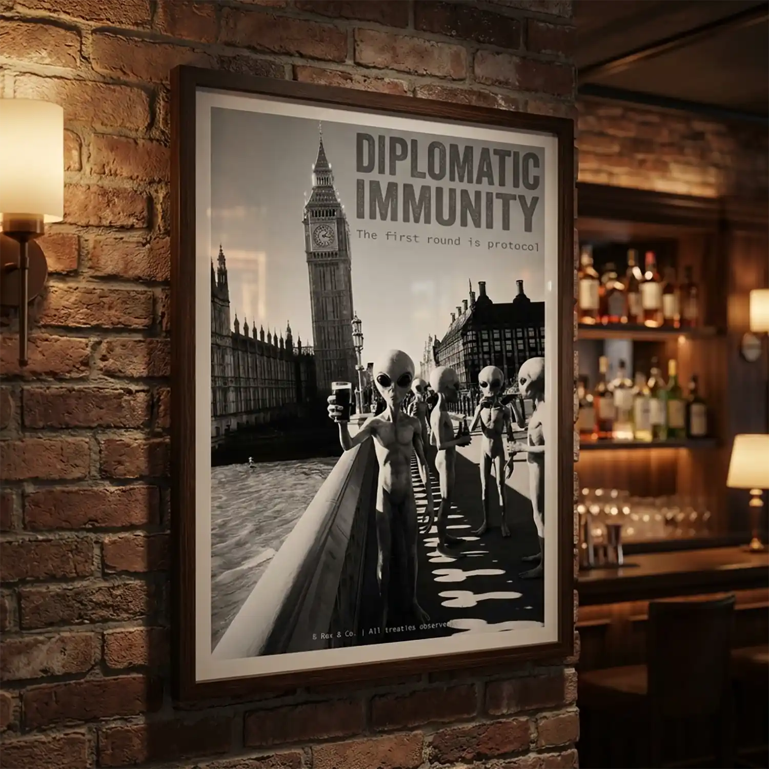 Grey Aliens Drinking Beer in London Poster | Black and White Print