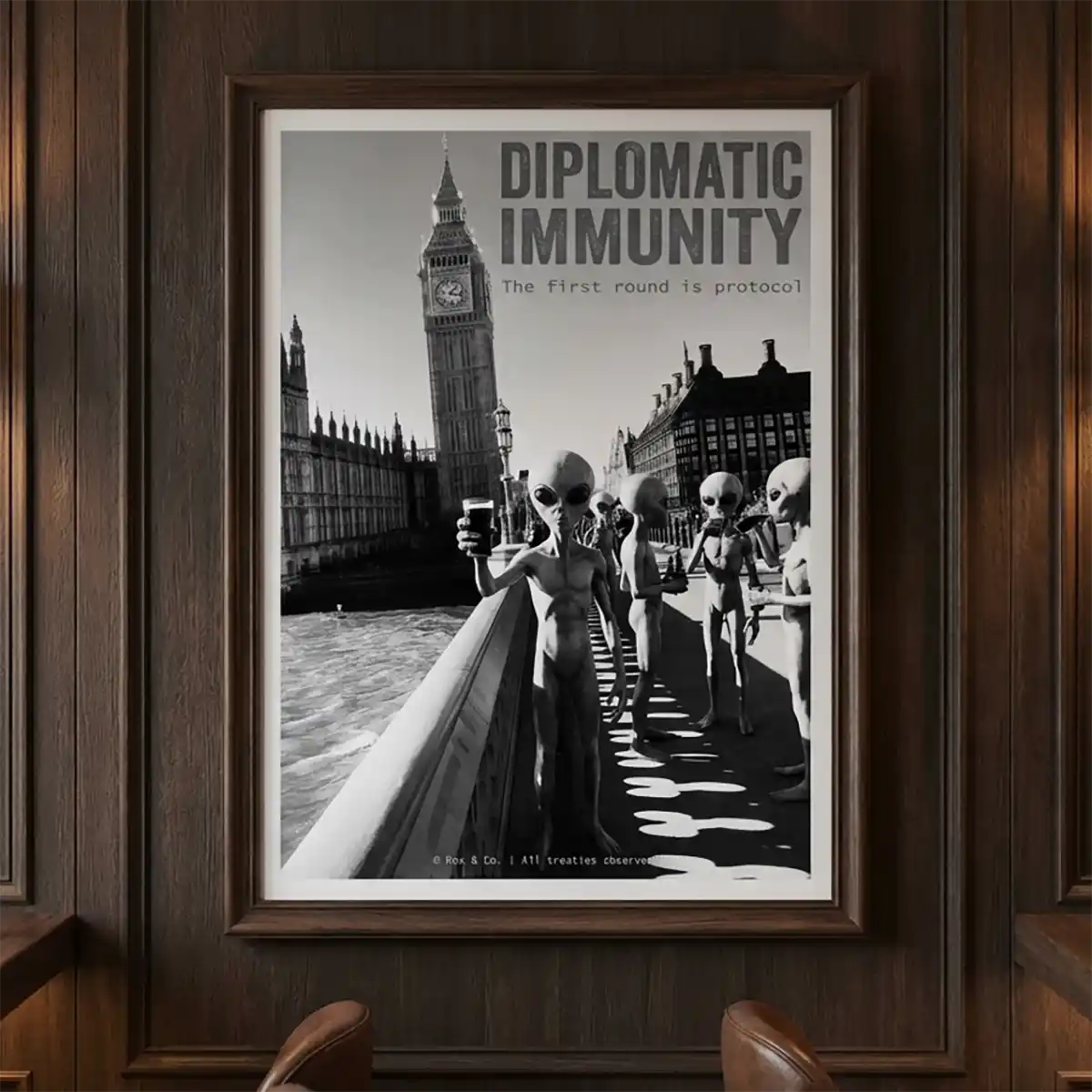 Grey Aliens Drinking Beer in London Poster | Black and White Print