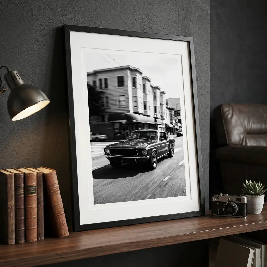 1968 Ford Mustang Art Print | Black and White Poster