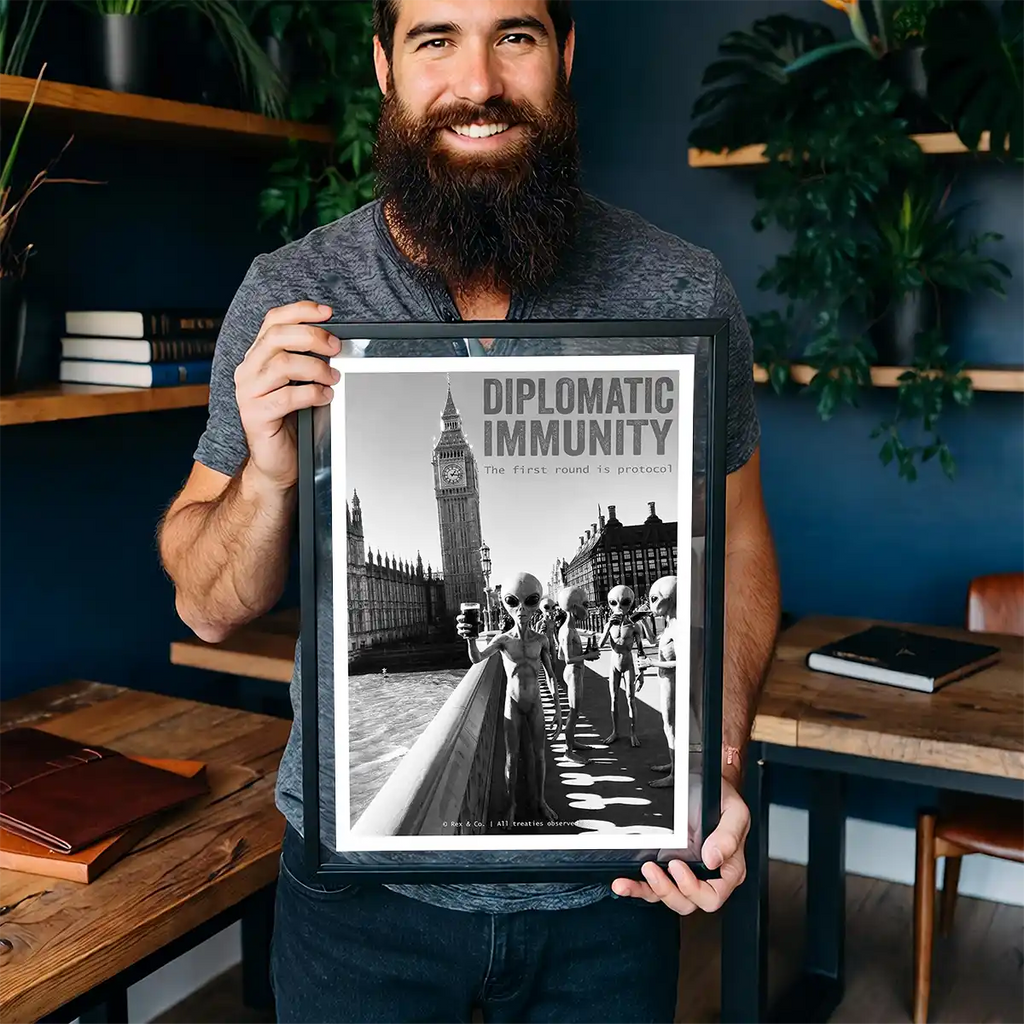Grey Aliens Drinking Beer in London Poster | Black and White Print