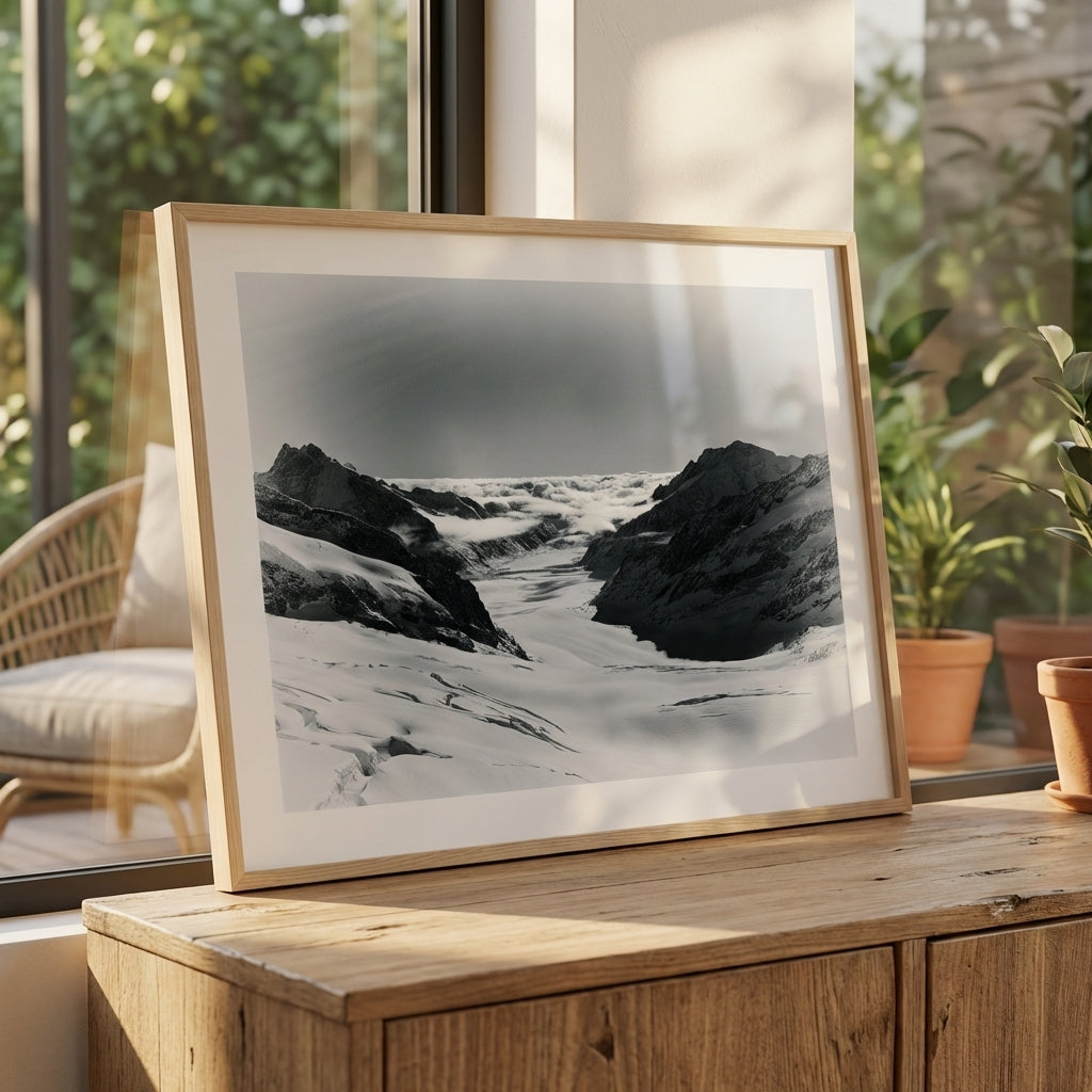 Black & White Mountain Photography | Glacier Wall Art | Jungfraujoch Cloudscape
