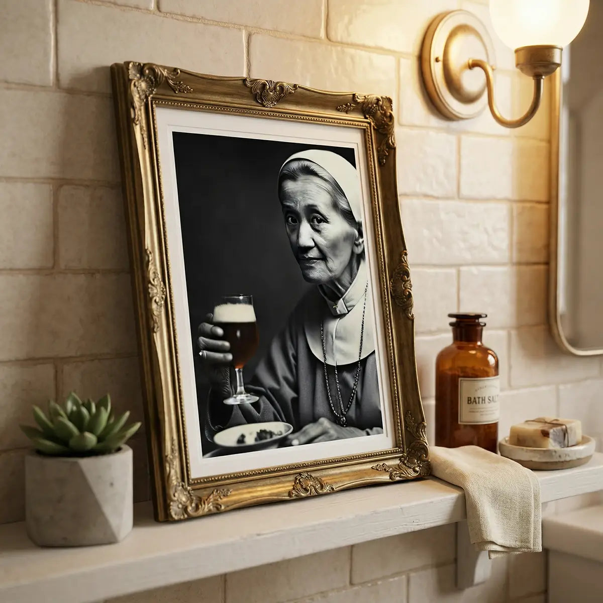 Funny Nun Poster | Drinking Beer Art | Quirky Bar Wall Decor