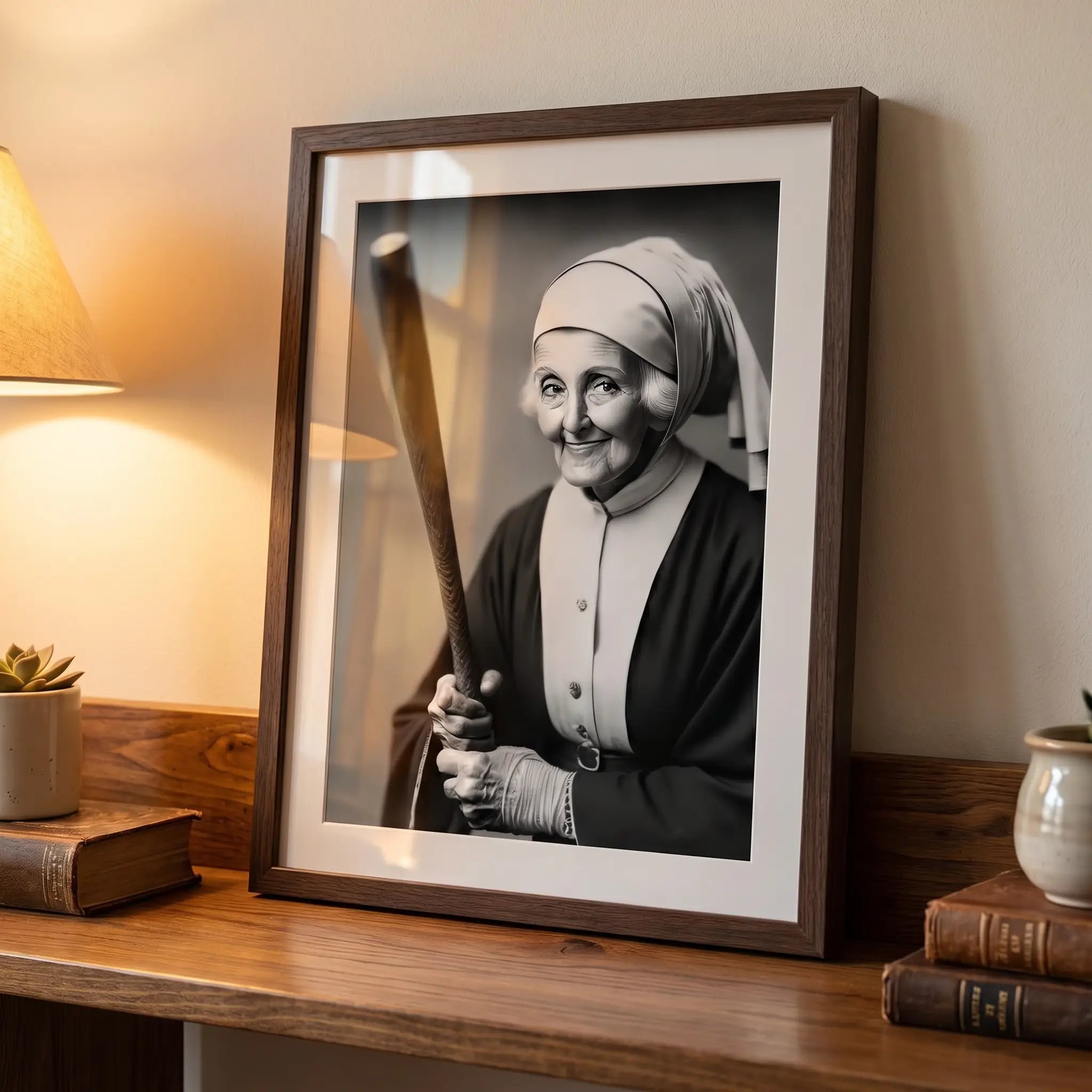 Funny Nun Baseball Bat Art Print | Quirky Gothic Decor