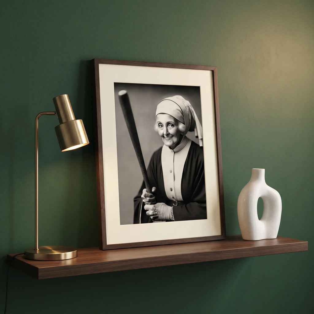 Funny Nun Baseball Bat Art Print | Quirky Gothic Decor