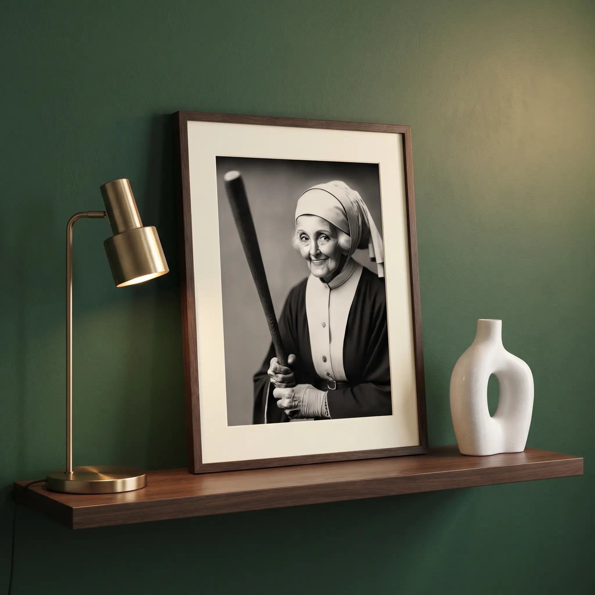 Funny Nun Baseball Bat Art Print | Quirky Gothic Decor