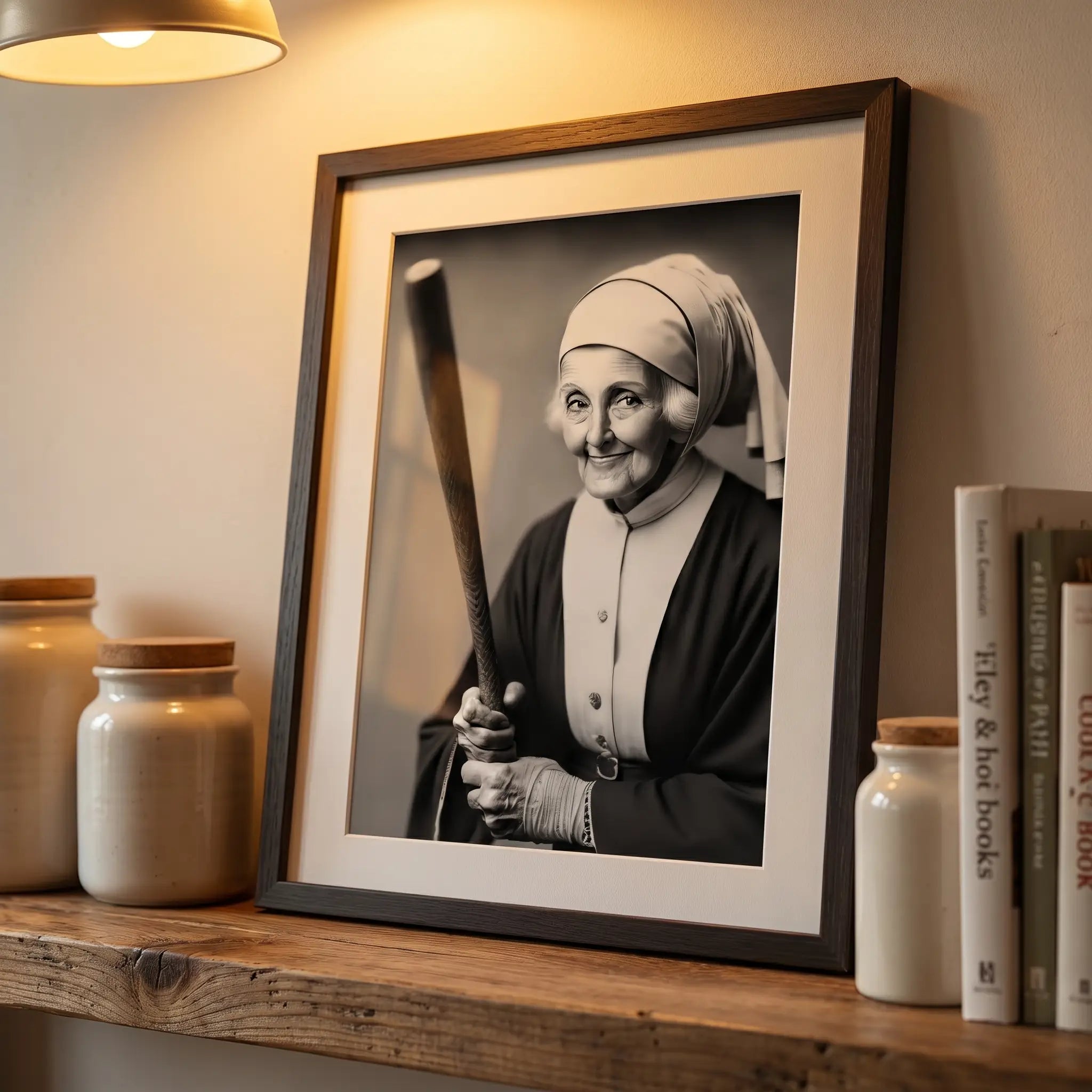 Funny Nun Baseball Bat Art Print | Quirky Gothic Decor