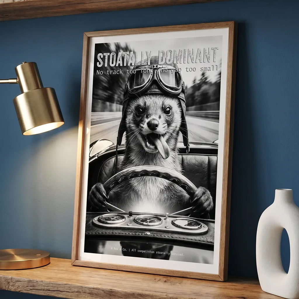 Weasel Driving Art Print | Black and White Racing Poster