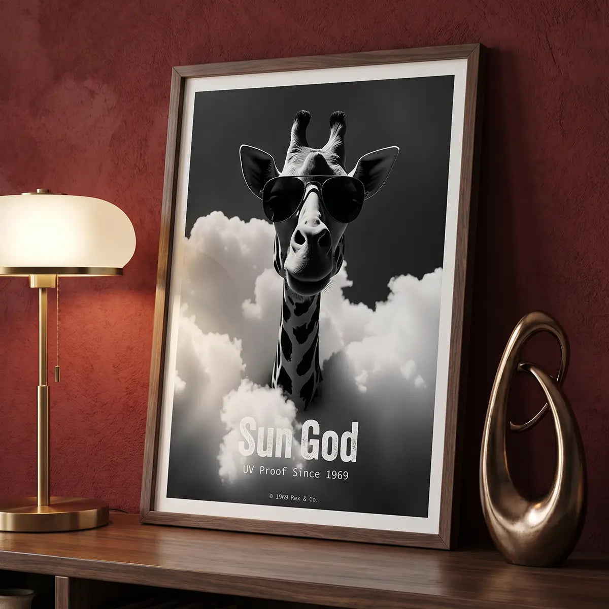 Retro Cool Giraffe Poster | 1969 Sunglasses Art | Sky High Animal Print | Vintage Swagger Decor
