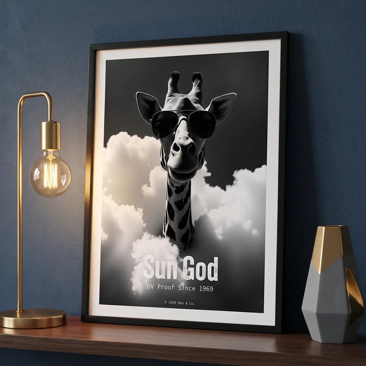Retro Cool Giraffe Poster | 1969 Sunglasses Art | Sky High Animal Print | Vintage Swagger Decor