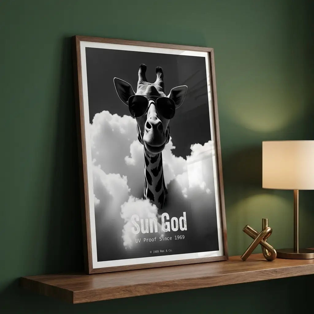 Retro Cool Giraffe Poster | 1969 Sunglasses Art | Sky High Animal Print | Vintage Swagger Decor