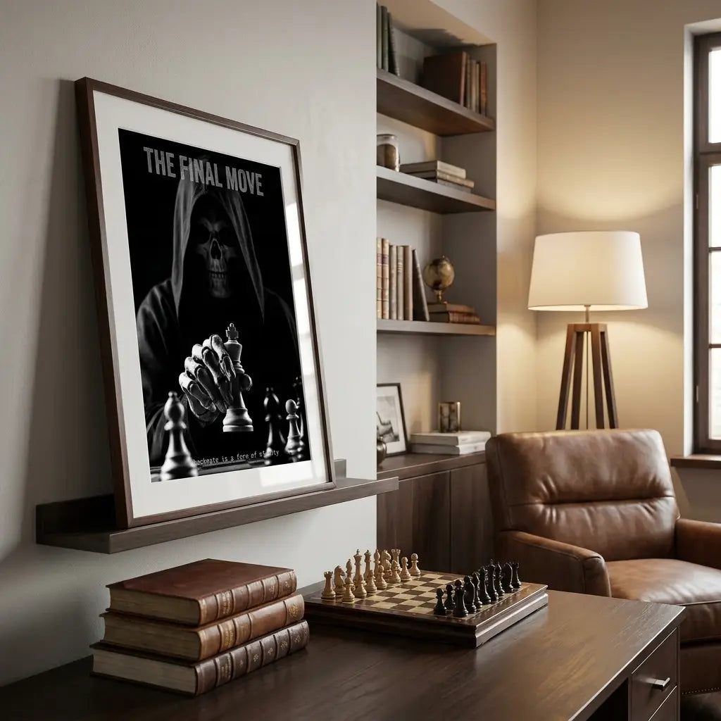 Grim Reaper Chess Art | Death and Strategy Poster | Gift for Chess Player | Study Library Decor