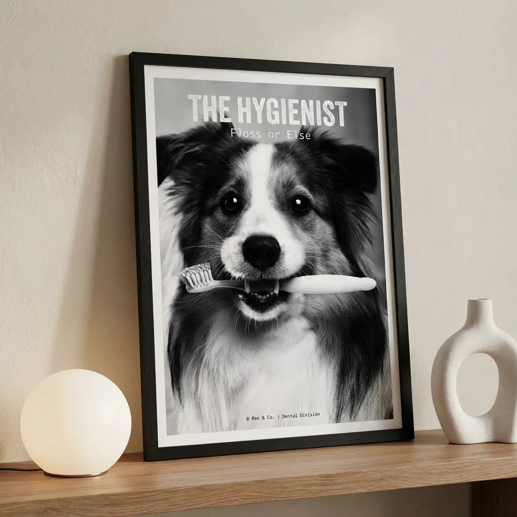 Funny Dog 'The Hygienist' Print | Noir Animal Art, Dentist Gift