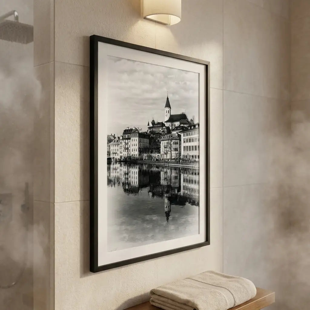 Thun Old Town Reflection | Church on the Aare | Swiss Lakes | Black & White Print