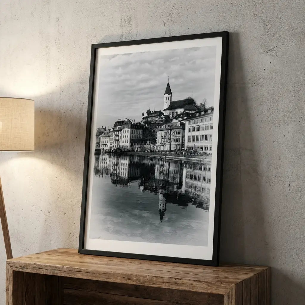 Thun Old Town Reflection | Church on the Aare | Swiss Lakes | Black & White Print