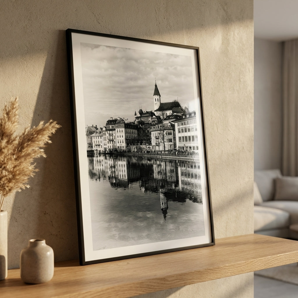 Thun Old Town Reflection | Church on the Aare | Swiss Lakes | Black & White Print