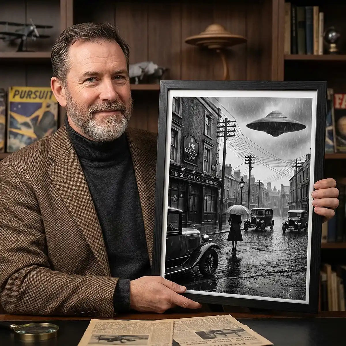 First Contact 1925 UFO Poster | Retro Sci-Fi Black and White Paranormal Poster