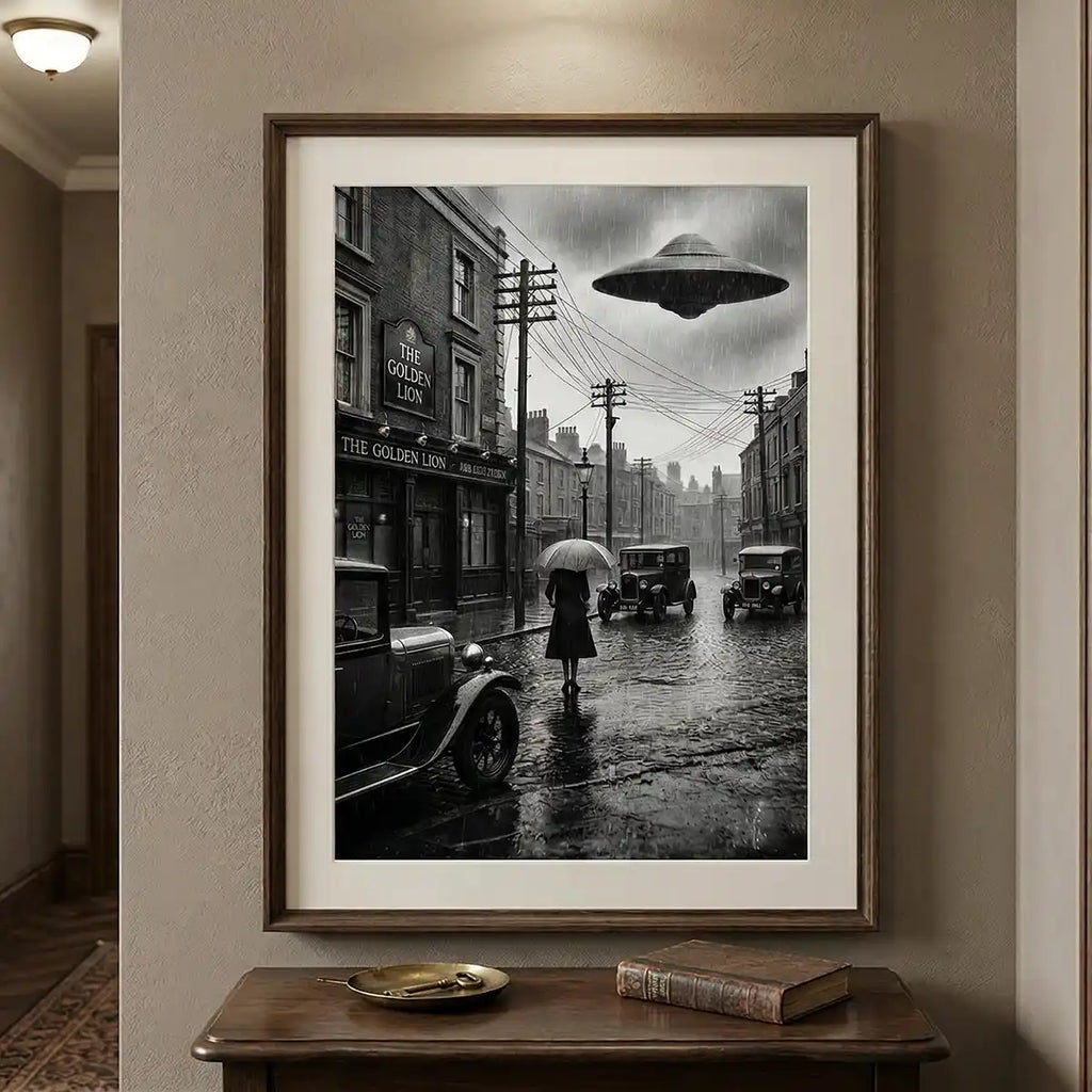 First Contact 1925 UFO Poster | Retro Sci-Fi Black and White Paranormal Poster