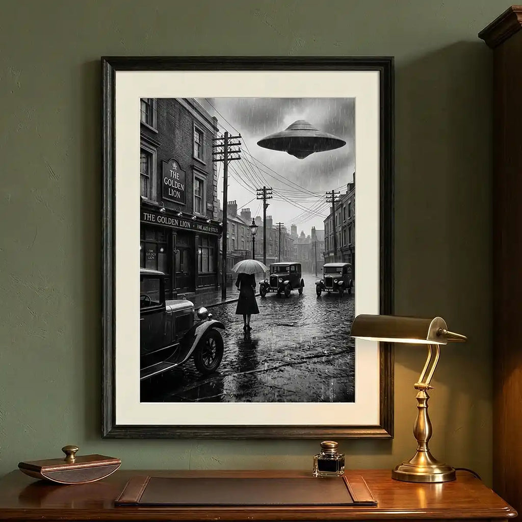 First Contact 1925 UFO Poster | Retro Sci-Fi Black and White Paranormal Poster