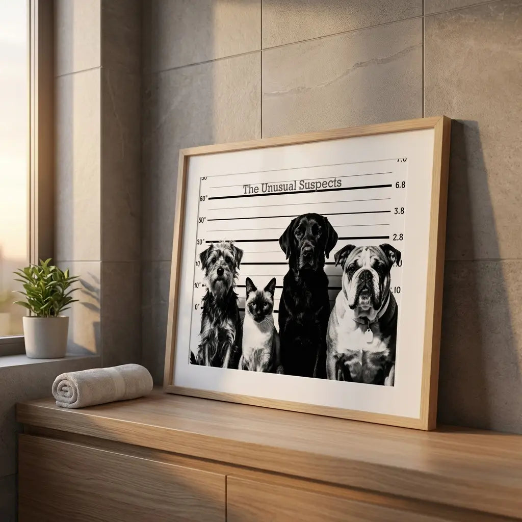 Unusual Suspects Dog & Cat Lineup Art | Funny Black and White Poster