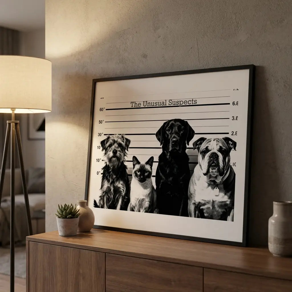 Unusual Suspects Dog & Cat Lineup Art | Funny Black and White Poster
