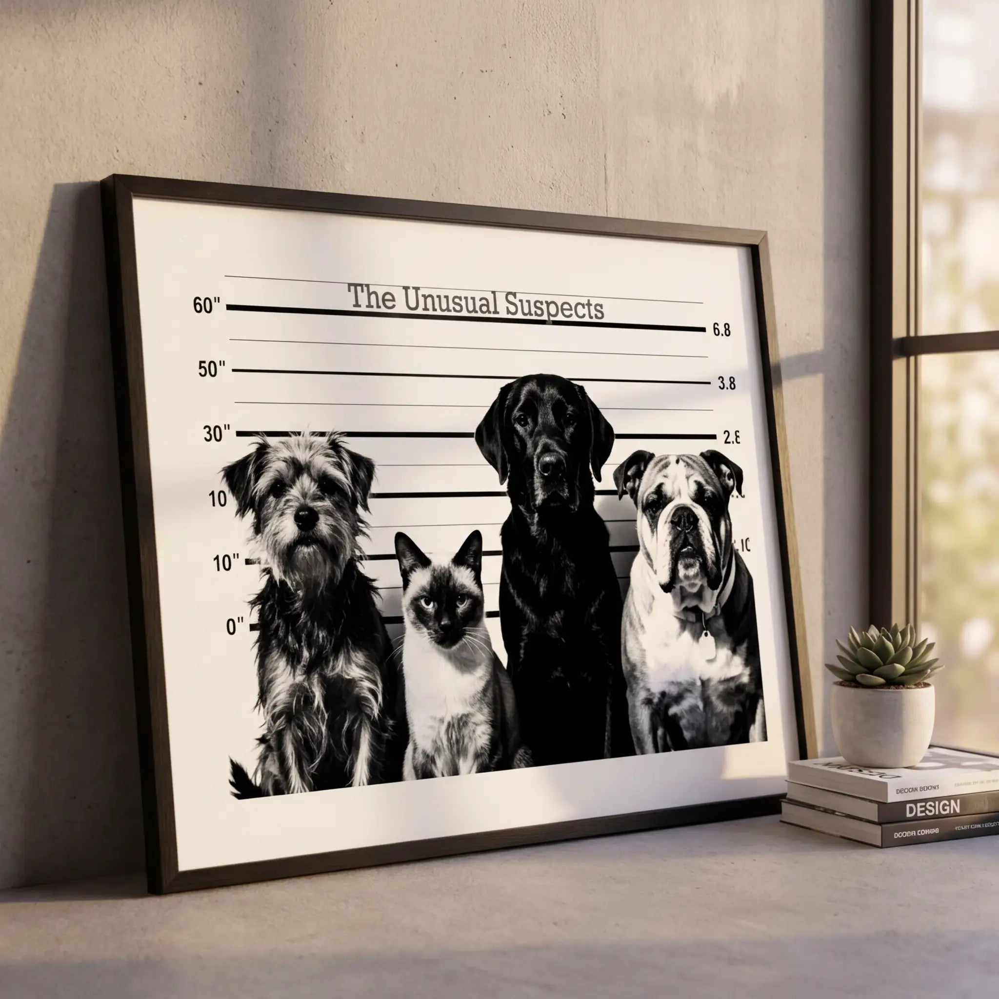 Unusual Suspects Dog & Cat Lineup Art | Funny Black and White Poster