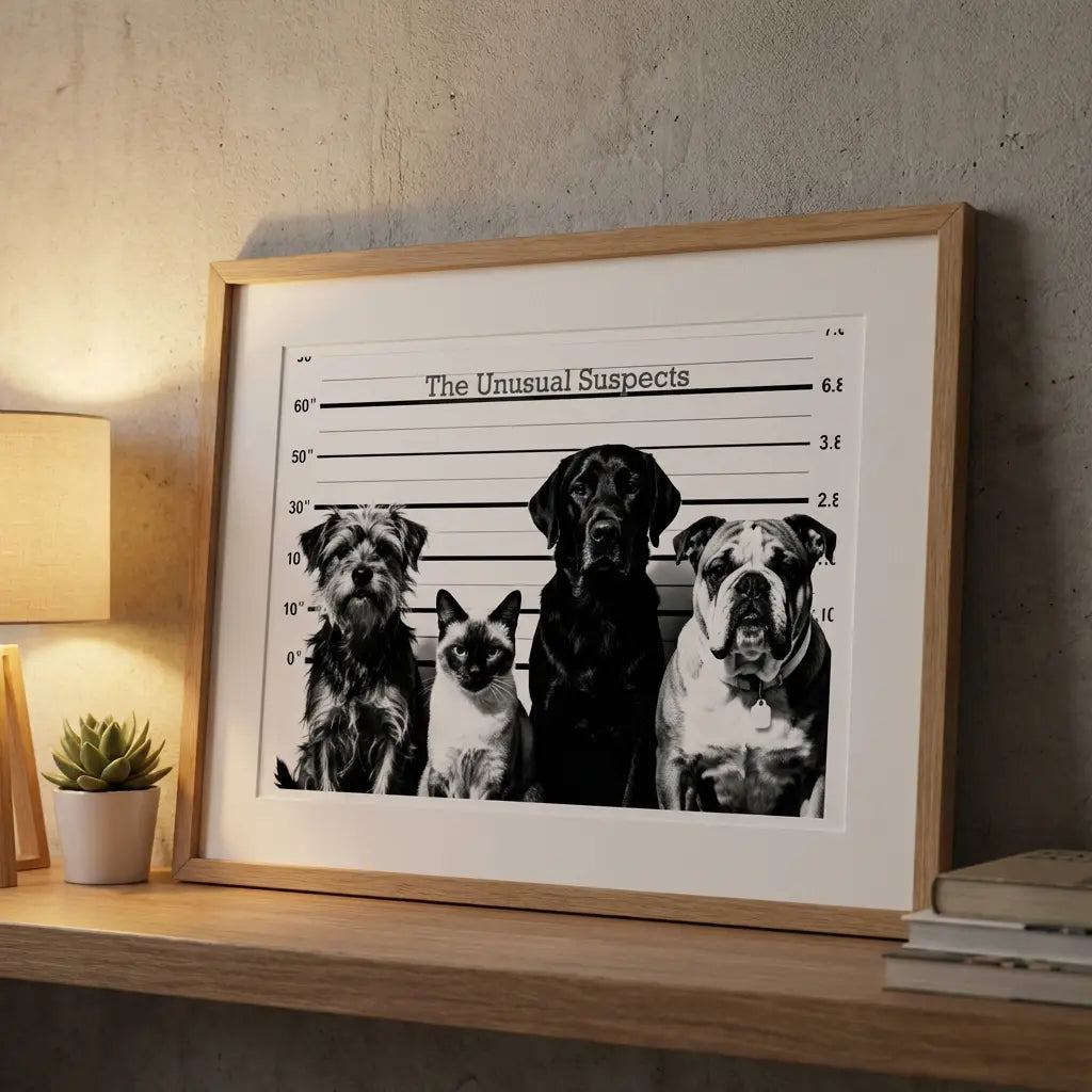 Unusual Suspects Dog & Cat Lineup Art | Funny Black and White Poster