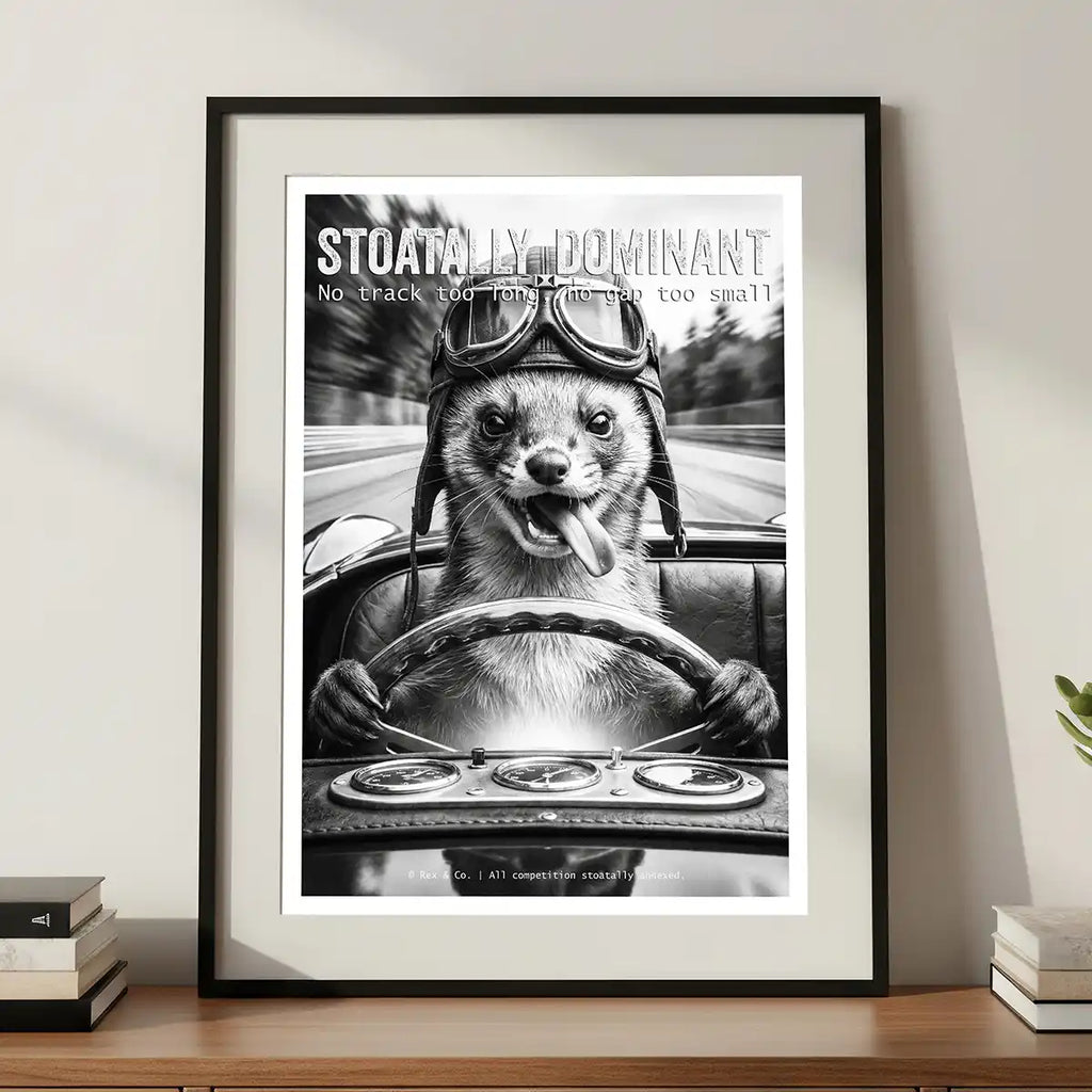 Weasel Driving Art Print | Black and White Racing Poster