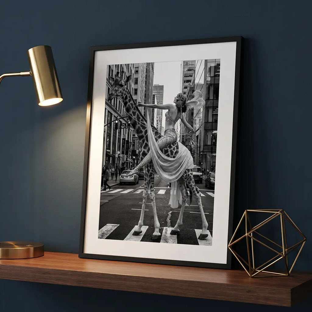 Woman Riding Giraffe in NYC Poster | Black and White Print
