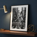 Woman Riding Giraffe in NYC Poster | Black and White Print